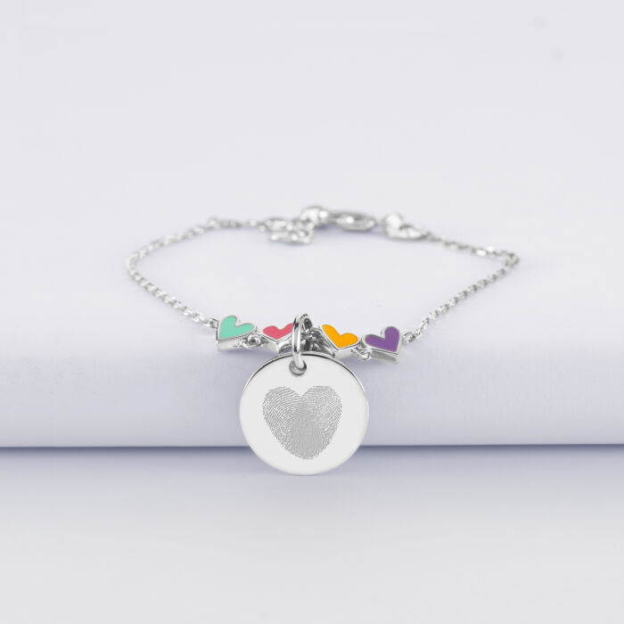Bracelet chaîne enfant cœur email multicolore personnalisé médaille gravée argent 15 mm - empreintes