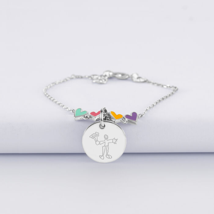 Bracelet chaîne enfant cœur email multicolore personnalisé médaille gravée argent 15 mm - dessin