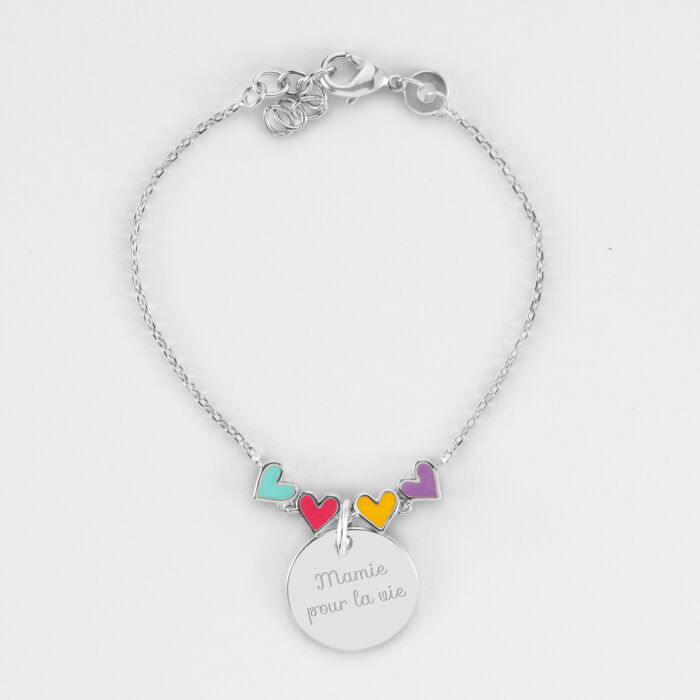 Bracelet chaîne enfant cœur email multicolore personnalisé médaille gravée argent 15 mm - texte