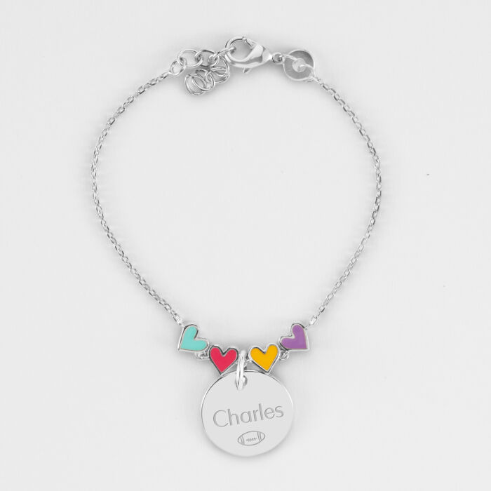 Bracelet chaîne enfant cœur email multicolore personnalisé médaille gravée argent 15 mm - Charles