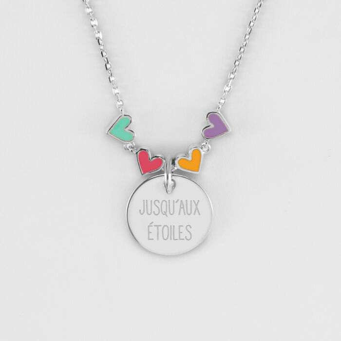 Collier enfant cœur email multicolore personnalisé médaille gravée argent 15 mm - texte