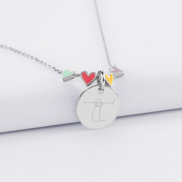 Collier enfant cœur email multicolore personnalisé médaille gravée argent 15 mm - dessin