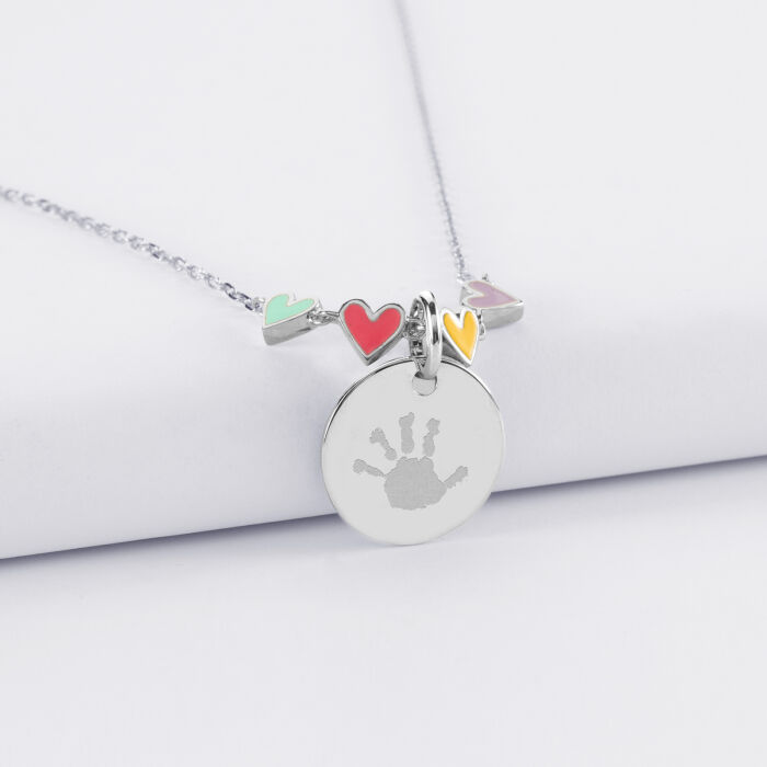 Collier enfant cœur email multicolore personnalisé médaille gravée argent 15 mm - empreinte