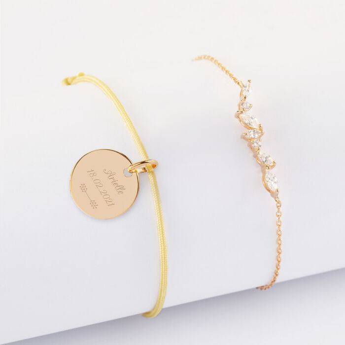 Duo bracelets personnalisés chaine barrette scintillante et cordon médaille gravée plaqué or 15 mm - texte picto