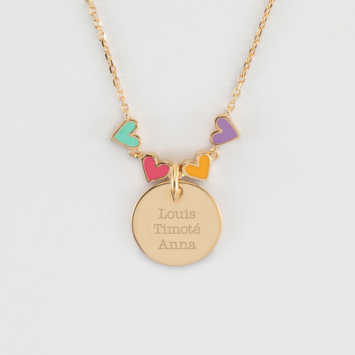 Collier enfant cœur email multicolore personnalisé médaille gravée plaqué or 15 mm - prénom