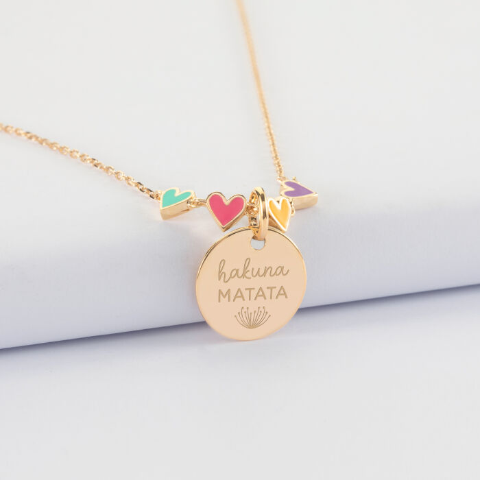 Collier enfant cœur email multicolore personnalisé médaille gravée plaqué or 15 mm - illustration