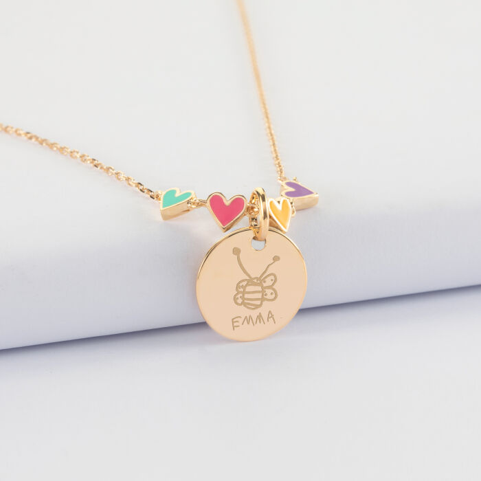 Collier enfant cœur email multicolore personnalisé médaille gravée plaqué or 15 mm - dessin