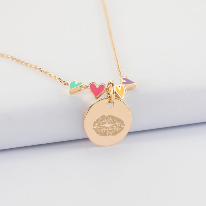 Collier enfant cœur email multicolore personnalisé médaille gravée plaqué or 15 mm - bisou