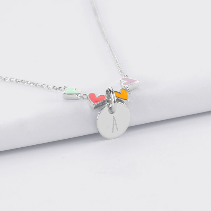 Collier enfant cœur email multicolore personnalisé médaille gravée argent 10 mm - A