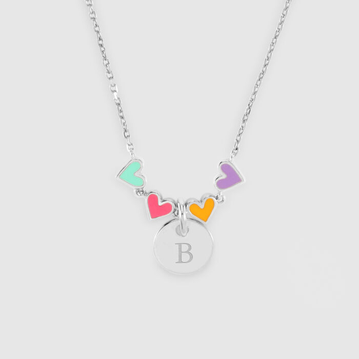 Collier enfant cœur email multicolore personnalisé médaille gravée argent 10 mm - B