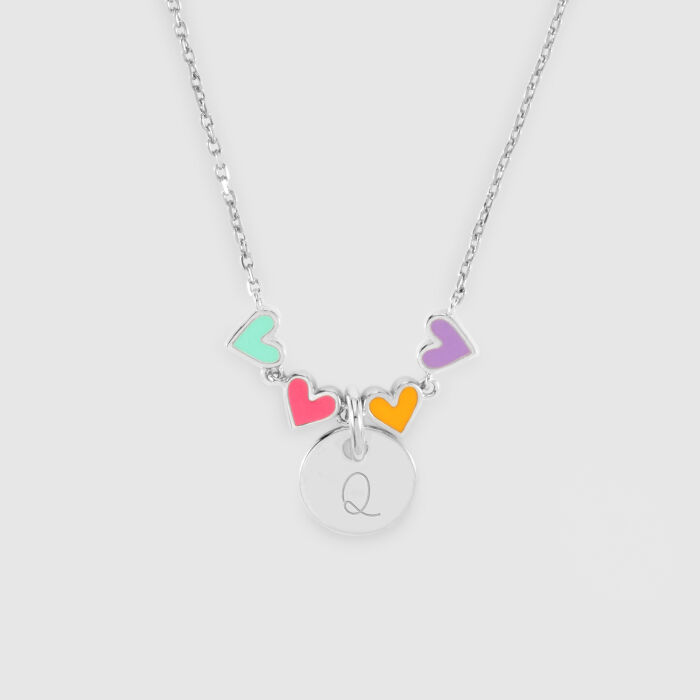 Collier enfant cœur email multicolore personnalisé médaille gravée argent 10 mm - Q