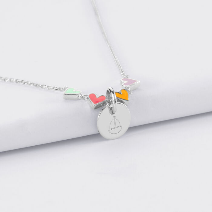 Collier enfant cœur email multicolore personnalisé médaille gravée argent 10 mm - picto bâteau