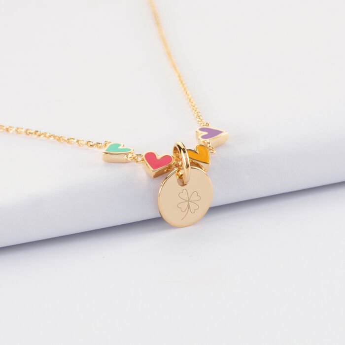 Collier enfant cœur email multicolore personnalisé médaille gravée plaqué or 10 mm - picto trèfle