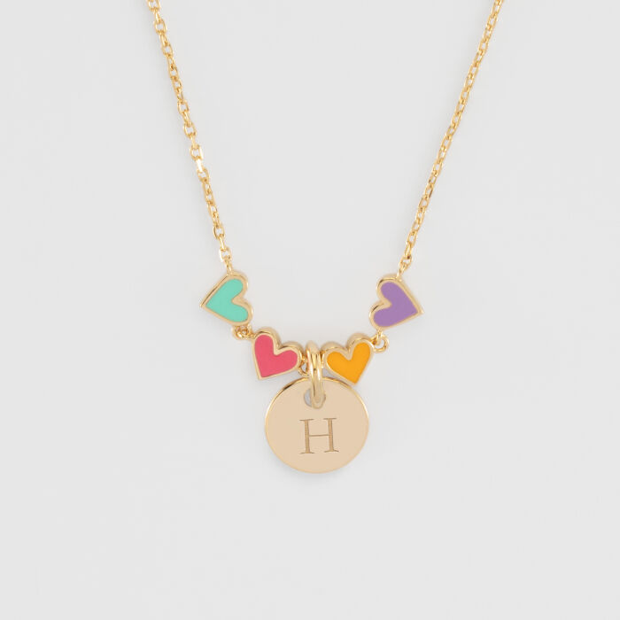Collier enfant cœur email multicolore personnalisé médaille gravée plaqué or 10 mm - H