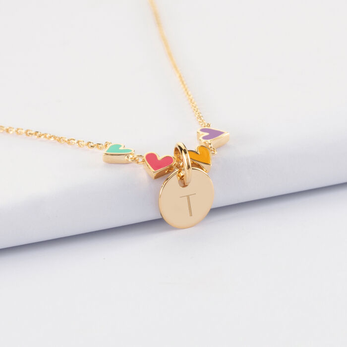 Collier enfant cœur email multicolore personnalisé médaille gravée plaqué or 10 mm - T