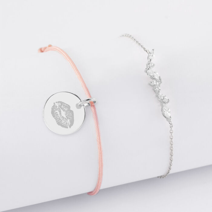 Duo bracelets personnalisés chaine barrette scintillante et cordon médaille gravée argent 15 mm - empreinte