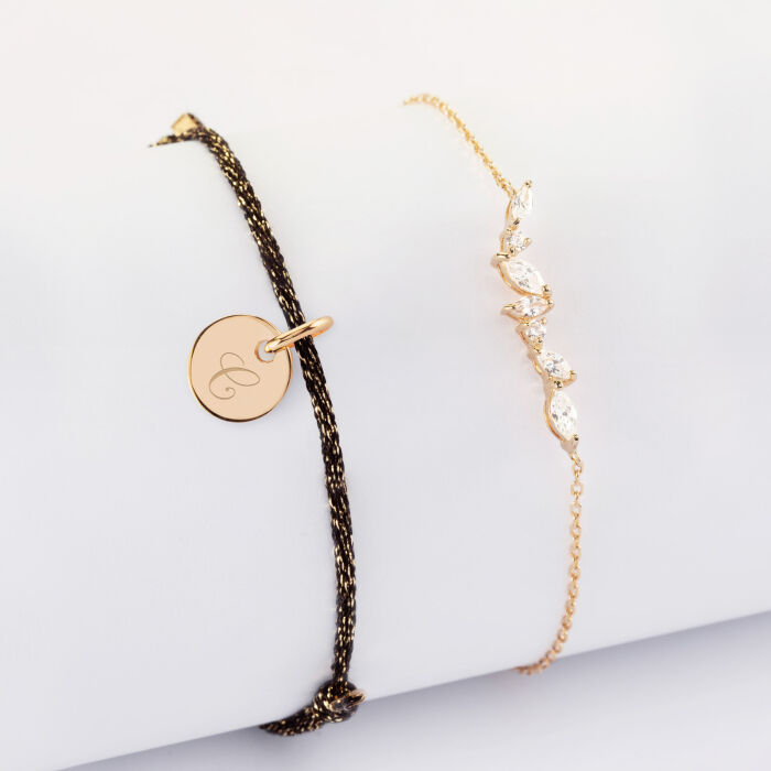 Duo bracelets personnalisés chaine barrette scintillante et cordon pailleté médaille gravée plaqué or 10 mm - C