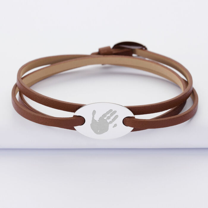 Bracelet 3 tours cuir personnalisé médaille gravée argent ovale 2 trous 25x16 mm - empreinte