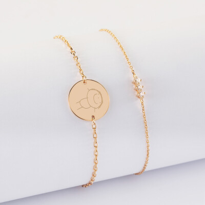 Duo bracelets personnalisés chaine trio scintillant et médaille gravée plaqué or 2 trous 15 mm - dessin