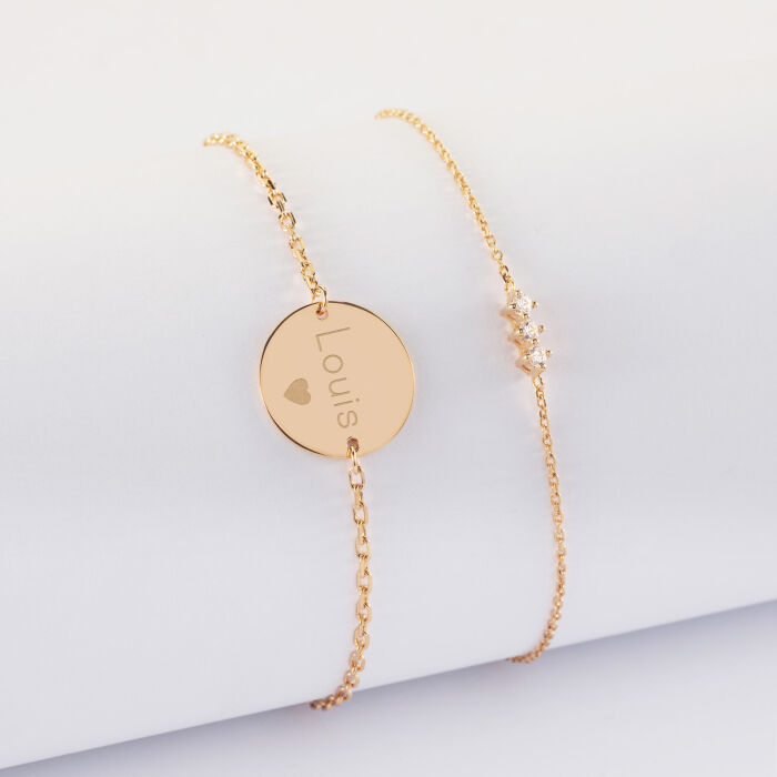 Duo bracelets personnalisés chaine trio scintillant et médaille gravée plaqué or 2 trous 15 mm - texte + picto