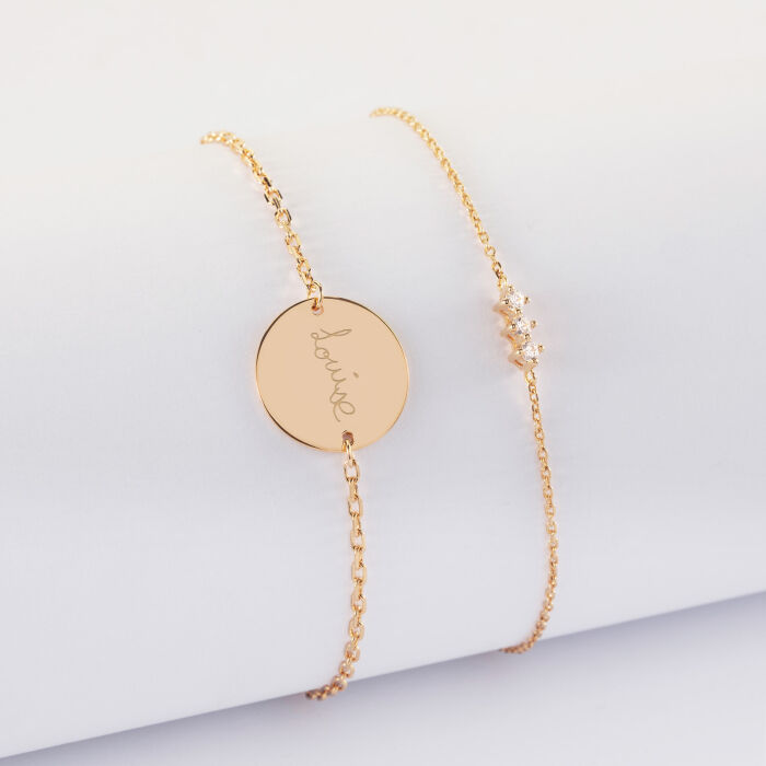 Duo bracelets personnalisés chaine trio scintillant et médaille gravée plaqué or 2 trous 15 mm - écrit
