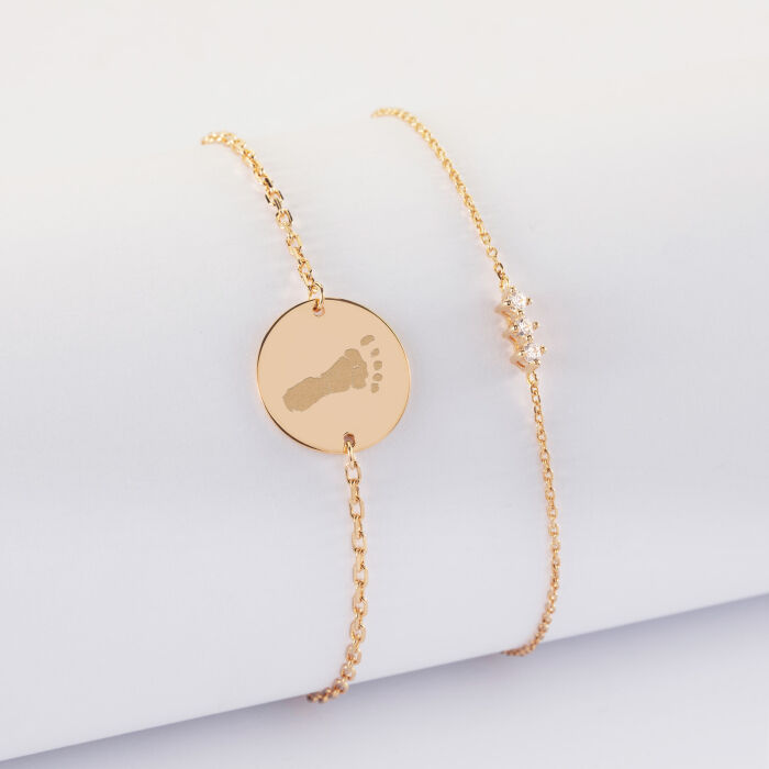 Duo bracelets personnalisés chaine trio scintillant et médaille gravée plaqué or 2 trous 15 mm - empreinte