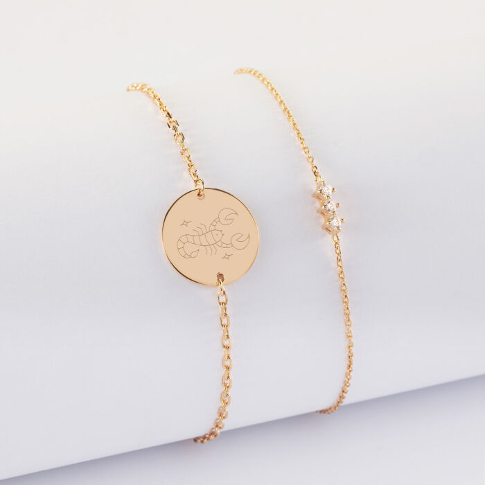 Duo bracelets personnalisés chaine trio scintillant et médaille gravée plaqué or 2 trous 15 mm - illustration astrologie