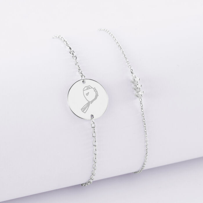 Duo bracelets personnalisés chaine trio scintillant et médaille gravée argent 2 trous 15 mm - dessin