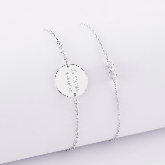 Duo bracelets personnalisés chaine trio scintillant et médaille gravée argent 2 trous 15 mm - écrit