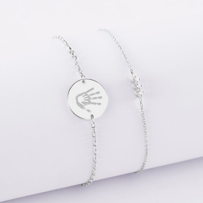 Duo bracelets personnalisés chaine trio scintillant et médaille gravée argent 2 trous 15 mm - empreinte