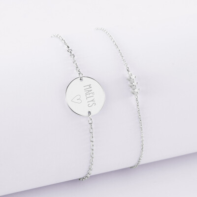 Duo bracelets personnalisés chaine trio scintillant et médaille gravée argent 2 trous 15 mm - texte picto