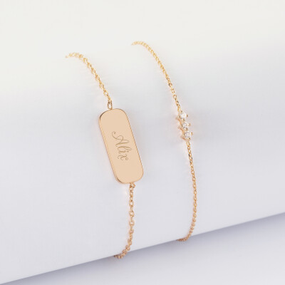 Duo bracelets personnalisés chaine trio scintillant et médaille gravée plaqué or plaque 20x8 mm - Alix