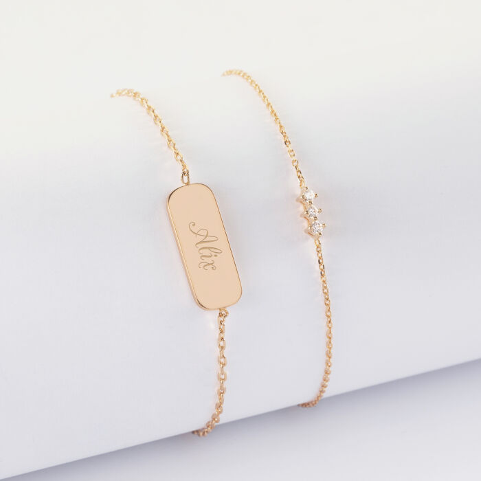 Duo bracelets personnalisés chaine trio scintillant et médaille gravée plaqué or plaque 20x8 mm - Alix