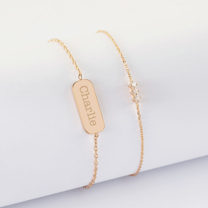 Duo bracelets personnalisés chaine trio scintillant et médaille gravée plaqué or plaque 20x8 mm - prénom