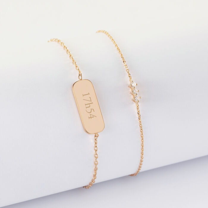 Duo bracelets personnalisés chaine trio scintillant et médaille gravée plaqué or plaque 20x8 mm - texte