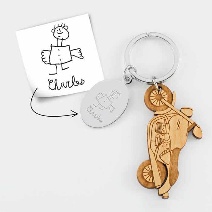 Porte clé personnalisé médaille gravée ovale acier et breloque bois moto - tutoriel