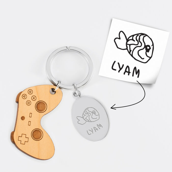 Porte clé personnalisé médaille gravée ovale acier et breloque bois jeux vidéo - tutoriel