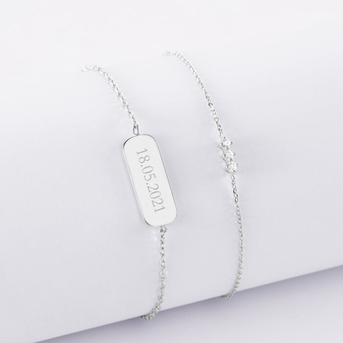 Duo bracelets personnalisés chaine trio scintillant et médaille gravée argent plaque 20x8 mm - date