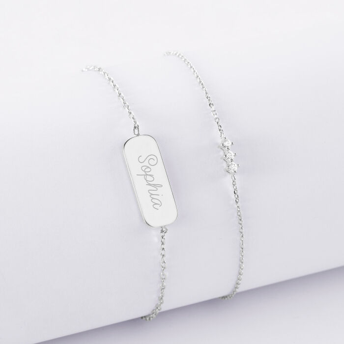 Duo bracelets personnalisés chaine trio scintillant et médaille gravée argent plaque 20x8 mm - Sophia