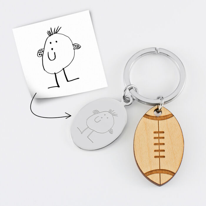 Porte clé personnalisé médaille gravée ovale acier et breloque bois rugby - tutoriel