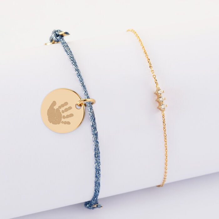 Duo bracelets personnalisés chaine trio scintillant et cordon pailleté médaille gravée plaqué or 15 mm - empreinte