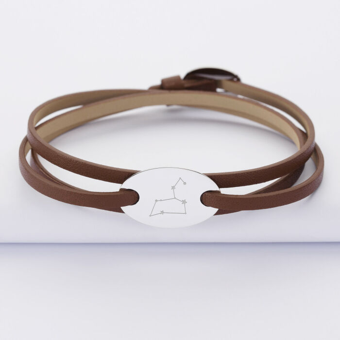 Bracelet 3 tours cuir personnalisé médaille gravée argent ovale 2 trous 25x16 mm - illustration