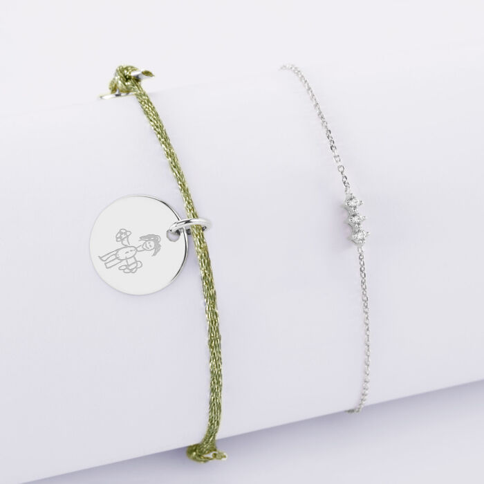 Duo bracelets personnalisés chaine trio scintillant et cordon pailleté médaille gravée argent 15 mm - dessin