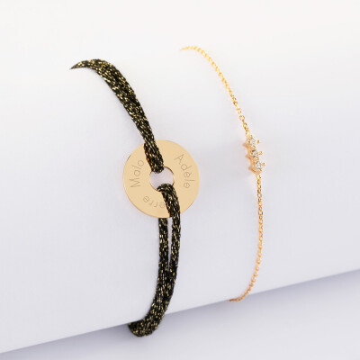 Duo bracelets personnalisés chaine trio scintillant et cordon pailleté médaille gravée plaqué or cible 16 mm - 3 prénoms