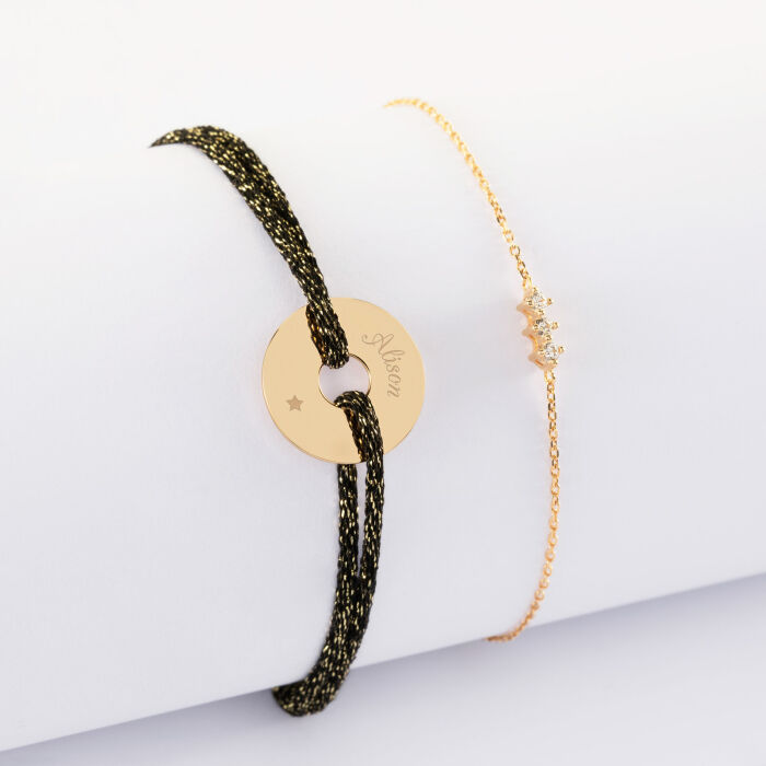 Duo bracelets personnalisés chaine trio scintillant et cordon pailleté médaille gravée plaqué or cible 16 mm - 1 prénom