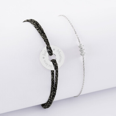 Duo bracelets personnalisés chaine trio scintillant et cordon pailleté médaille gravée argent cible 16 mm - texte