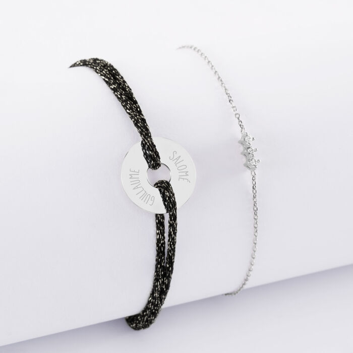 Duo bracelets personnalisés chaine trio scintillant et cordon pailleté médaille gravée argent cible 16 mm - prénom