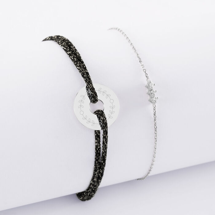 Duo bracelets personnalisés chaine trio scintillant et cordon pailleté médaille gravée argent cible 16 mm - illustration
