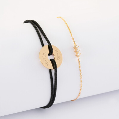 Duo bracelets personnalisés chaine trio scintillant et cordon médaille gravée plaqué or cible 16 mm - prénom