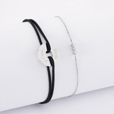 Duo bracelets personnalisés chaine trio scintillant et cordon médaille gravée argent cible 16 mm - texte
